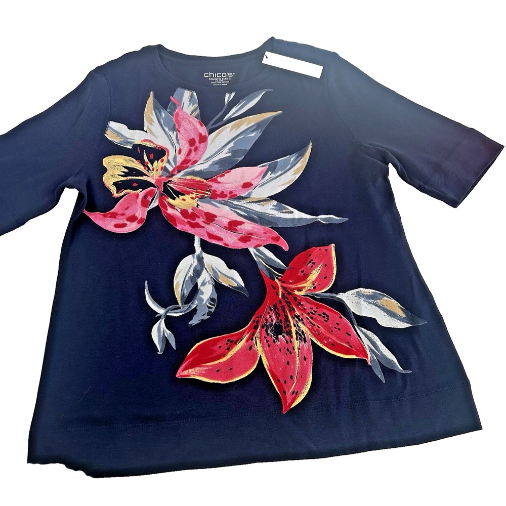 NWT Chico's Navy Floral front 100% cotton‎ Vacation ready size L